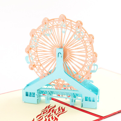 3D Stereoscopic Greeting Cards Handmade Paper Carving Foreign Trade Retro Children's Ferris Wheel Three-Dimensional Creativity Architectural Paper Carving Hollow Greeting Card