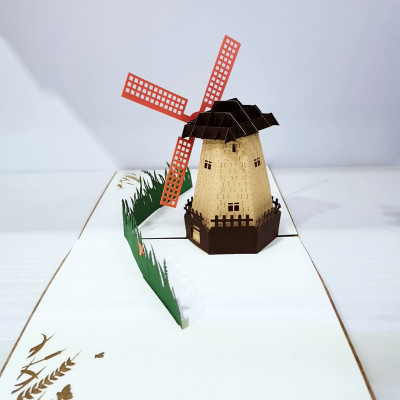 Stereoscopic Greeting Cards Children's Dutch Windmill Creative 3D Paper Carving Retro Three-Dimensional Building Film Foreign Trade Children's Day Greeting Card