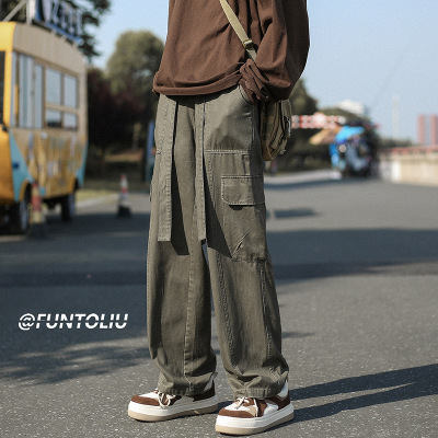 Japanese Style Workwear Pants Men's Autumn New High Street Fashion Brand Mop Trousers Hong Kong Style Ins Straight All-Matching Casual Pants