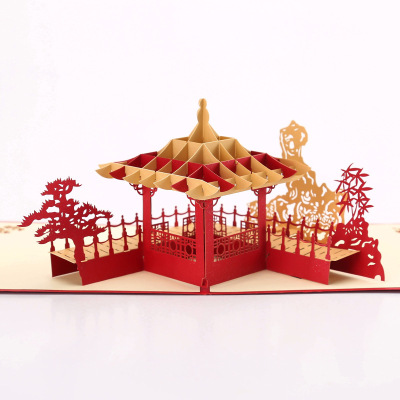 3D Stereoscopic Greeting Cards Handmade Foreign Trade Retro Suzhou Garden Three-Dimensional Paper Carving Building Hollow Message Card
