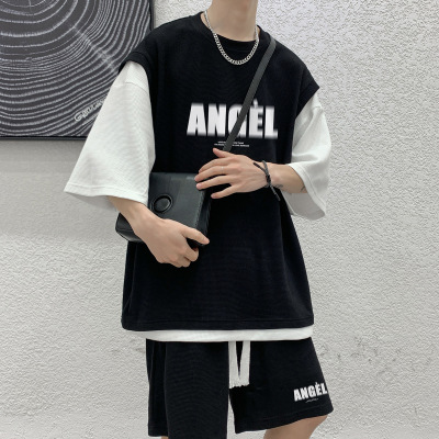 Fake Two-Piece Waffle Short-Sleeved Shorts Suit American Basketball Sportswear Fashion Brand Men's Clothing Suit with Handsome Summer