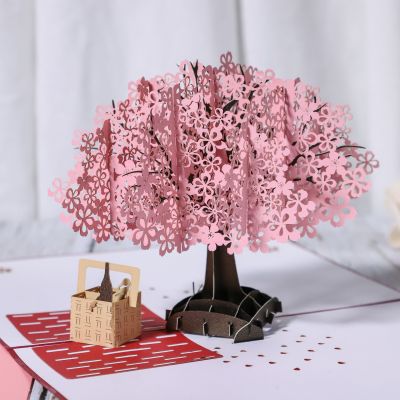 3D Cherry Tree Basket Stereoscopic Greeting Cards Romantic Cherry Blossoms Wedding Blessing Card Mother's Day
