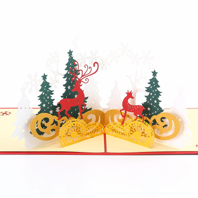 Factory Direct Sales 3D Stereoscopic Greeting Cards Handmade Paper Carving Christmas Elk Three-Dimensional Creativity Paper Carving Hollow Greeting Card