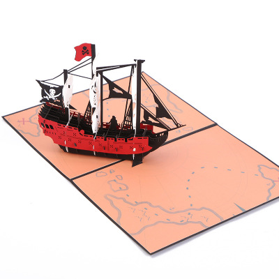 Creative Paper Carving Hollow Greeting Card Children's Birthday Pirate Ship Stereoscopic Card Folding Nautical Chart Greeting Card Wholesale