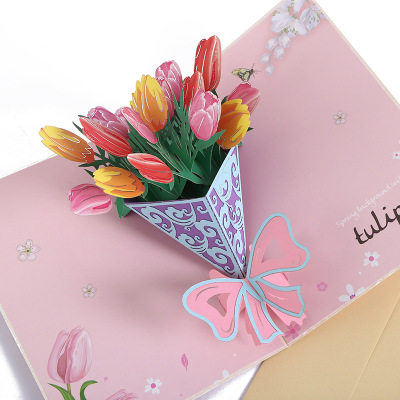Tulip Bouquet 3D Greeting Card Paper Carving Creative Blessing Message Card Send Mother Card Gift Factory Wholesale