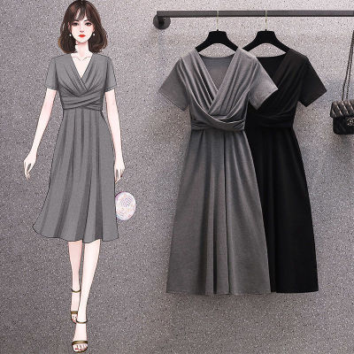 Large Size Women's Dress 2022 Summer New Temperament Leisure Western Style Pleated Solid Color Simple Mid-Length Skirt