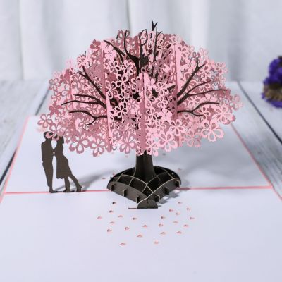 3D Stereo Cherry Tree Couple Stereoscopic Greeting Cards Custom Romantic Cherry Blossoms Wedding Blessing Card Wedding Greeting Card