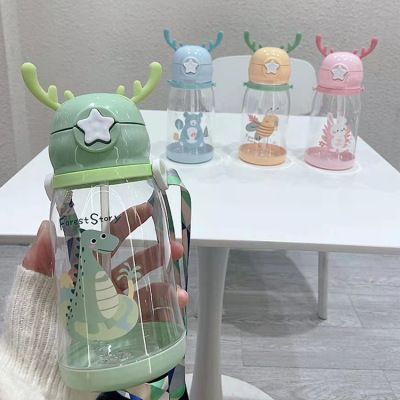 Celebrity Cup Cartoon Drinking Cup Children's Large Capacity Antlers Plastic Cup Students Go out Cup with Straw Gifts