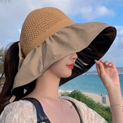 Tik Tok Live Stream Sun Hat Female Summer Outdoor Big Brim Face-Covering Sun Hat M Standard Stitching Air Top Wide Brim Hat South Korea