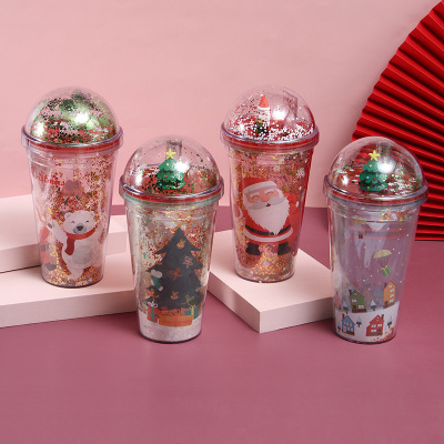 Landscape Plastic Cup with Straw Creative Glitter Summer Ice Glass Student Couple Christmas Gift Cup in Stock Wholesale