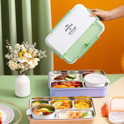 304 Stainless Steel Divided Lunch Box Large Capacity with Soup Bowl Student Canteen Plate Water Injection Five Grid Lunch Box
