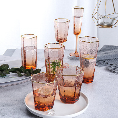 Nordic Light Luxury Hammered Pattern Golden Trim Champagne Water Cup Red Wine Glass Champagne Glass Home Creative Hexagonal Wine Glass Water Glass