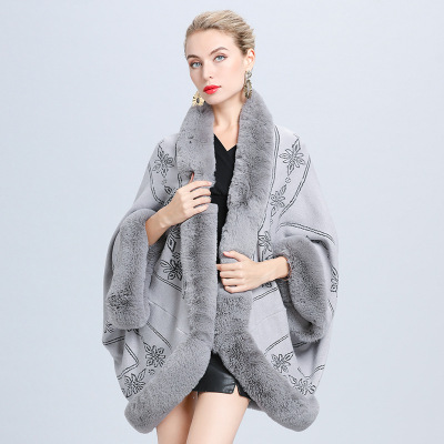 1620# European and American 2021 Autumn and Winter New Imitation Fox Fur Collar Embroidered Shawl Large Size Batwing Sleeve Knitted Cardigan for Women