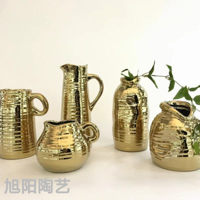Nordic Style Ceramic Dried Flower Artificial Flower Vase Gold-Plated Golden Flower Holder Dried Flower Vase Creative Ornaments