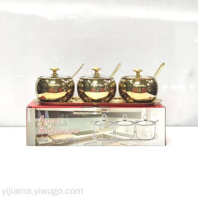 Stainless Steel Gold 304 Glass Cover Condiment Dispenser Kitchen Seasoning Set