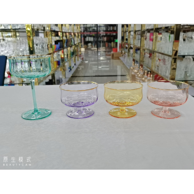 Popular Recommended Wide Vertical Bar Series Color + Golden Edge Various Crystal Glasses High and Low Ice Cream Cup