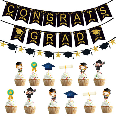 2022 Congrats Grad Paper Banner Graduation Hanging Flag Doctorial Hat Latte Art Cake Insertion Article Wholesale