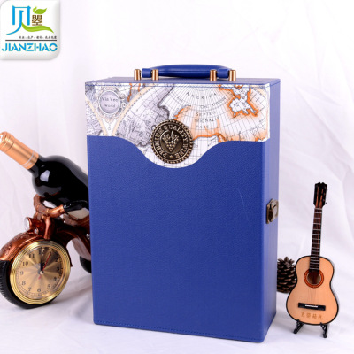 Factory Direct Sales Dark Blue Plain Widened Home-Brewed Wine Packaging plus-Sized Size Exquisite Leather Wine Leather Box