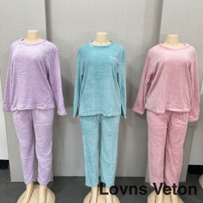 Coral Fleece Striped Suit Women's Pajamas Suit Homewear Suits Thickened Wide Leg