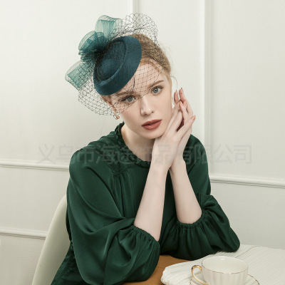 Cross-Border New Arrival Vintage Dark Green Mesh Face Cover Top Hat Female Banquet Party Bride Photo Headdress Mesh Bowler Hat