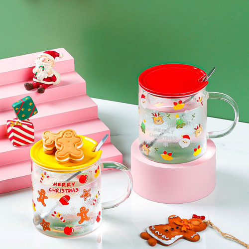 christmas glass cup with cover with spoon cartoon unique drinking cup office good-looking mug creative