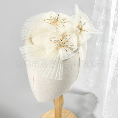 European and American New Dragonfly Folding Top Hat Female Bride Photo Headdress Mesh Bowler Hat Banquet Temperament All-Match Top Hat