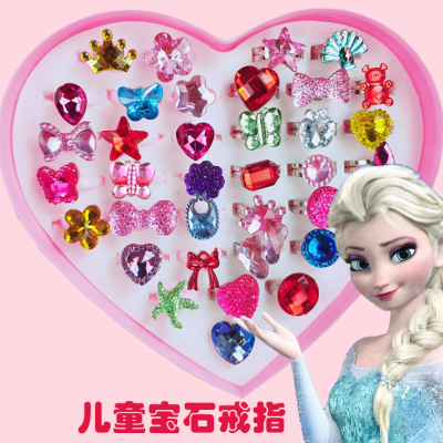 Korean Children's Gem Ring Little Princess Toy Ornament Baby Girl Crystal Diamond Adjustable Ring Gift Box