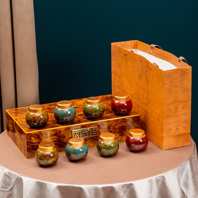Creative Black Tea Green Tea Small Tea Jar High-End Silkwood Gift Box Company Opening Gift Kiln Baked Ceramic Pot