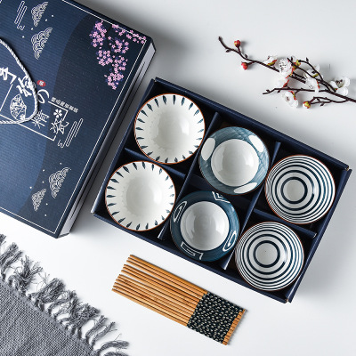 Set Creative Practical Gift Hand-Painted Blue and White Porcelain Bowl Ceramic Tableware Set Gift Box Printed Logo