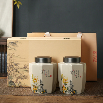 Porcelain Tea Cans Gift Box Double-Layer Sealed Cans Ancient Vegetable Tea Container Storage Cans Porcelain Tea Tea Jar