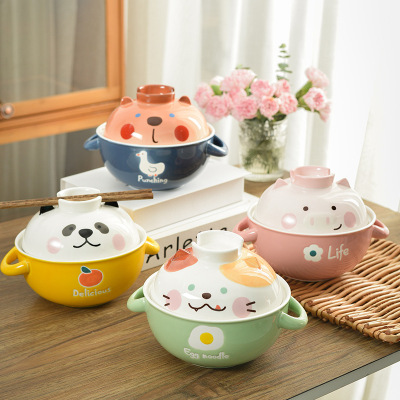 Manor Cute Cartoon Porcelain Handle Bowl Underglaze Fruit Salad Bowl Instant Noodle Bowl Microwaveable Oven Household