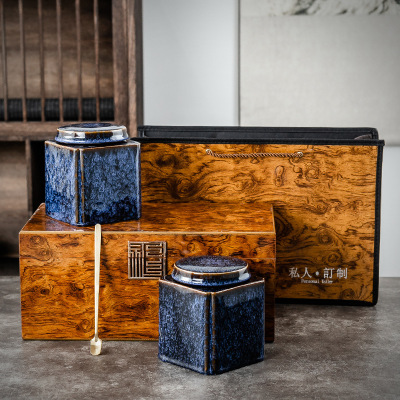 Ceramic Tea Jar Wooden Box High-End Gift Sealed Jar Tea Container Medium Half Jin Three Or Two Gift Box Logo Wholesale
