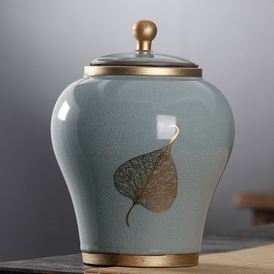 Tea Pot Ceramic Logo Large Blue Glaze Gold Painting Sealed Storage Tank Gift Box Ge Kiln Tea Packaging Jar