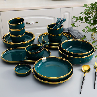 Ceramic Bowl and Chopsticks Set Peacock Green Dish Plate Ceramic Bowl Plate Gold Rimmed Tableware Set Spoon Wholesale