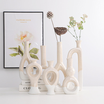 Ceramic Vase Hollow White Two Colors Simple Home Living Room Dried Flowers Artificial Flower Arrangement Ornaments