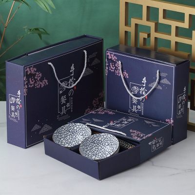 Event Gift Wholesale Japanese Ceramic Bowl and Chopsticks Set Blue and White Porcelain Tableware Gift Box Bowl Set