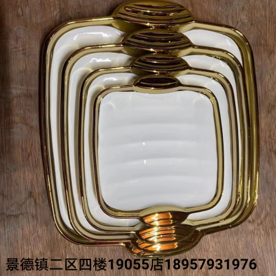 Ceramic Plate Dish Tray Baking Tray Soup Plate Pizza Plate Electroplating Golden Edge Size Complete in Stock Wholesale