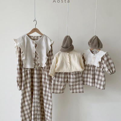Korean Children's Clothing 22 Autumn Girls' Doll Collar Plaid Long Dress Mother-Daughter Matching Outfit Parent-Child Wear Lapel Lace Dress Fashion