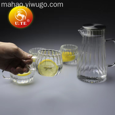 Stainless Steel Cover Vertical Grain Glass Water Pitcher Glass Cup Set
