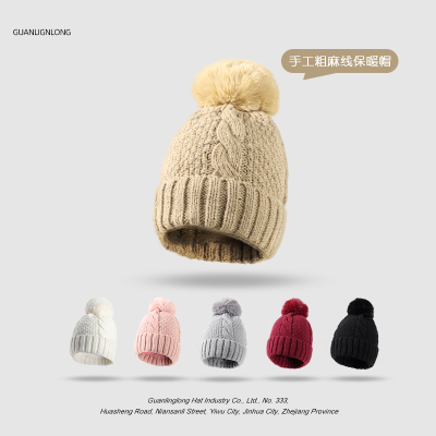 Hat Female Korean Style New Autumn and Winter Hat Fur Ball Thickened Coarse Yarn Knitted Hat Warm with Velvet Earflaps Slipover Hat