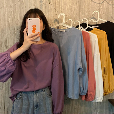 Women's 2022 New Autumn Korean Style Loose Pullover Student Lantern Sleeve Long Sleeve T-shirt Women's Solid Color Bottoming Shirt Fashion
