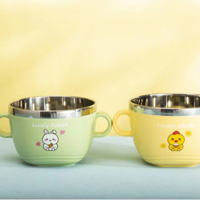 304 Stainless Steel Binaural Cute Colorful Cartoon Anti-Scald Children's Bowl T-Shaped Cup 12cm