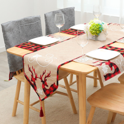 New Christmas Linen Embroidered Elk Cartoon Table Runner Christmas Hotel Restaurant Home Decoration Dining Table Cushion