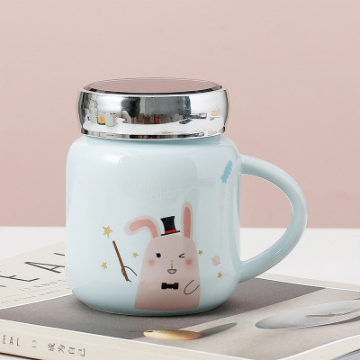 Cartoon Rabbit Mirror Cover Water Cup Cute Refreshing Practical Ceramic Cup Factory Wholesale Couple Gifting Mug