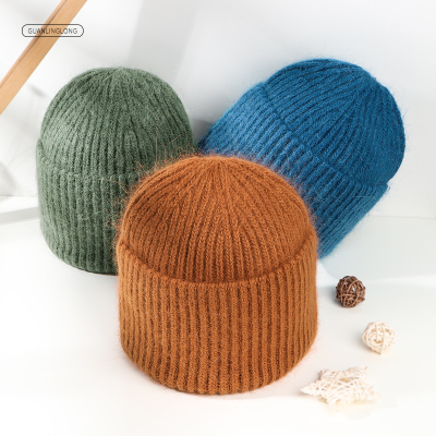 Hat Female 2022 Autumn and Winter Rabbit Fur Knitted Hat Korean Style Japanese Style Winter Solid Color Toque Warm Ear Protection Knitted Hat