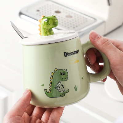 Personalized Hand-Painted Cartoon Dinosaur Ceramic Cup with Cover Spoon Student Water Cup Creative Couple Mug Coffee Gift Cup