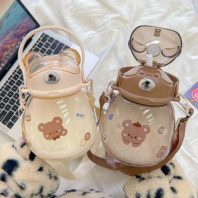 Cartoon Bear Diary Big Belly Cup Large Capacity Bounce Cup with Straw Handle Strap Children's Kettle Student Plastic Cup