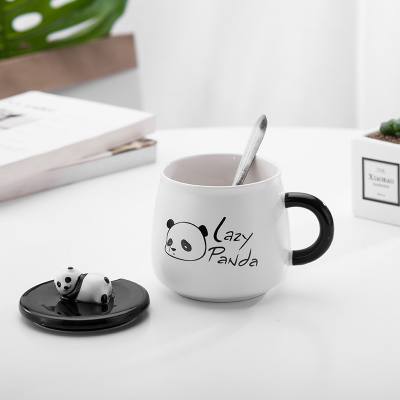 Creative Hand-Painted Panda Ceramic Cup Cute Cartoon Breakfast Cup Mug with Cover Spoon Couple Birthday Gift