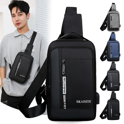 Men's Vertical Zipper Chest Bag Fashion USB Charging Multi-Purpose Chest Bag Leisure Bag Factory Direct Wholesale Oxford Cloth Bag