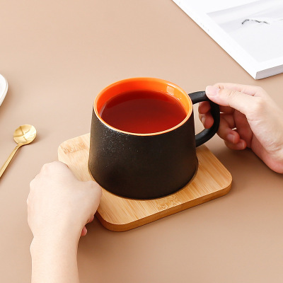 European-Style Simple Coffee Cup Wood Pad Wooden Lid Mug with Spoon Inner Glaze Gift Set Household Wholesale Ceramic Water Cup